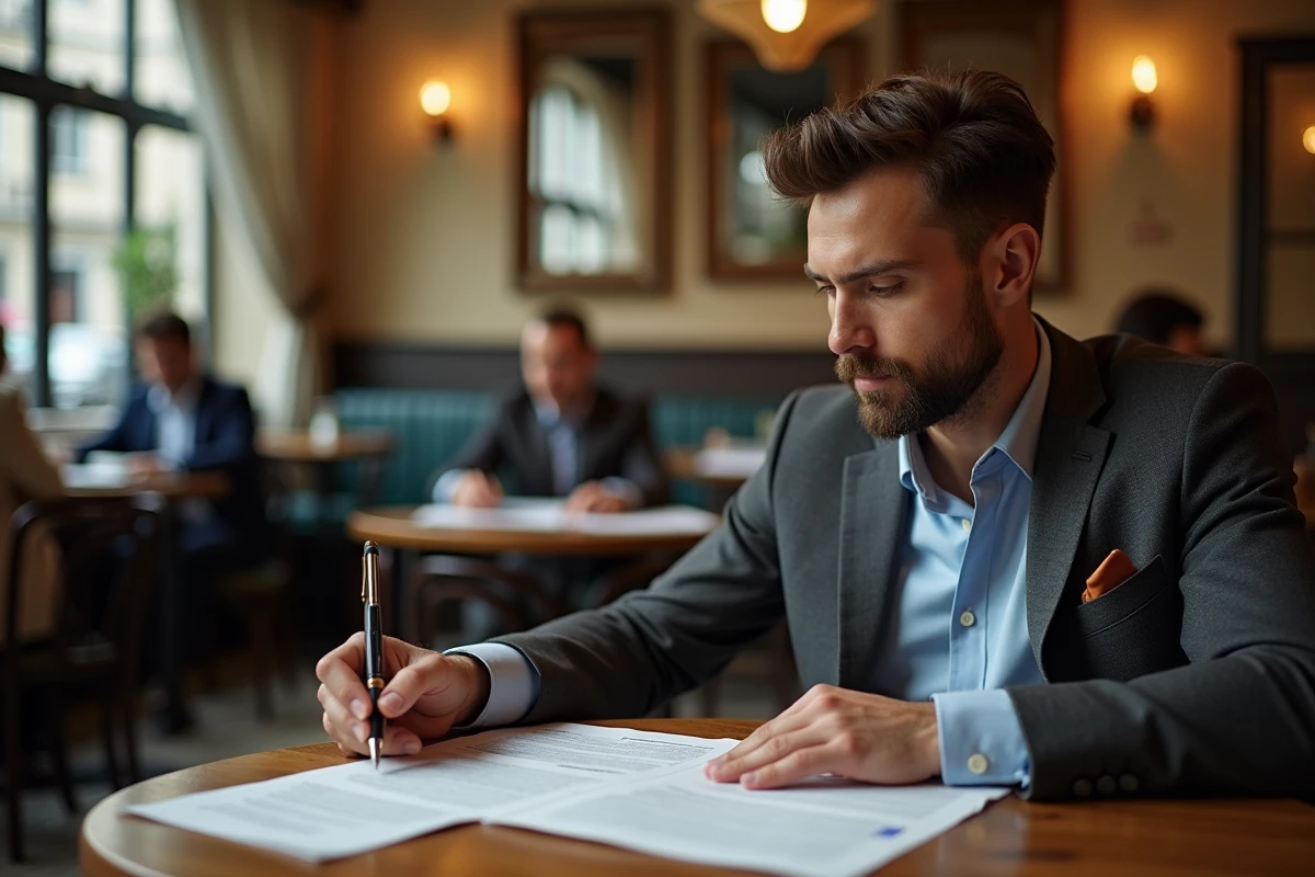 Homme en costume relisant ses mails professionnels avec des notes dans un caf&eacute; parisien