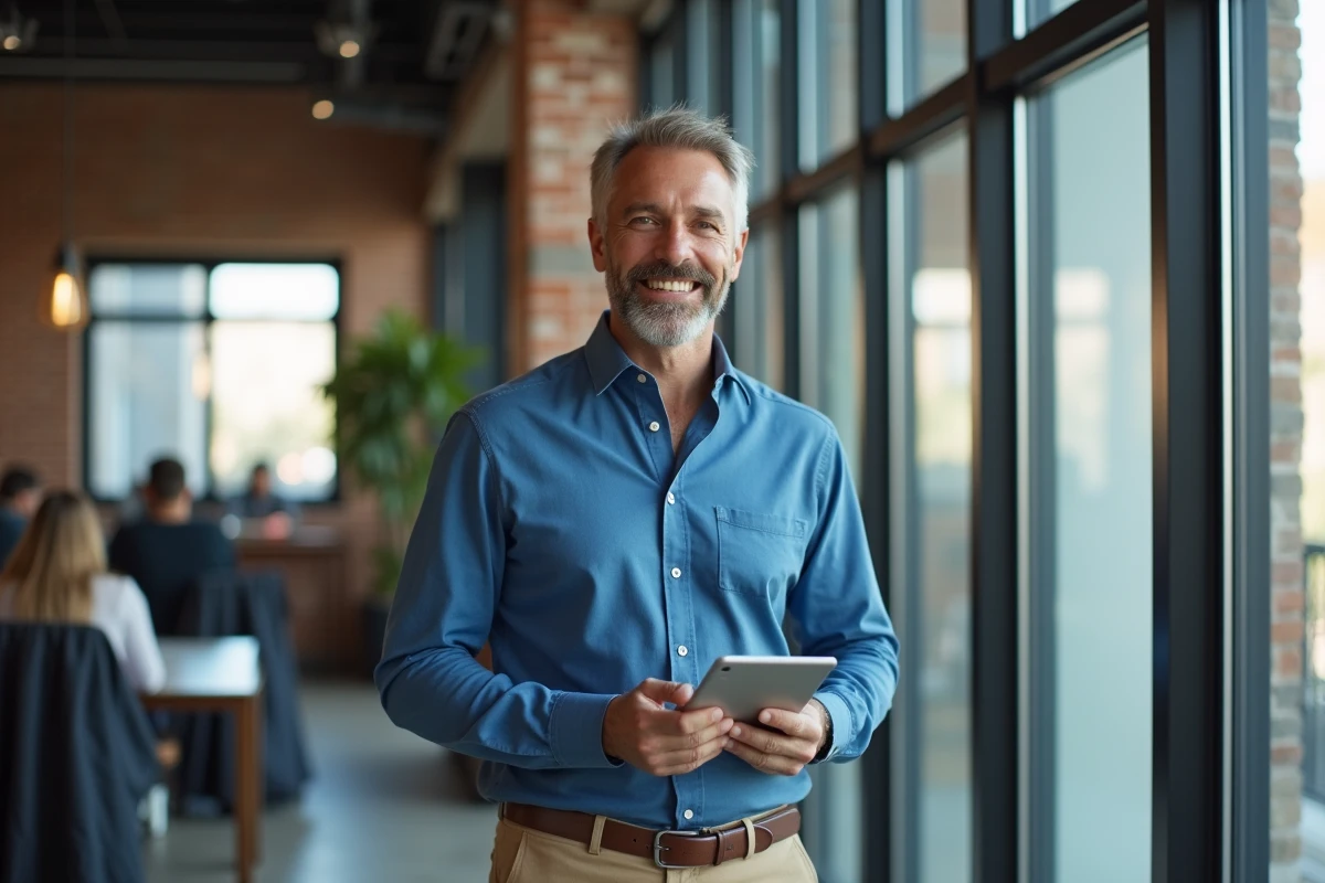 Homme souriant dans un espace de coworking dynamique