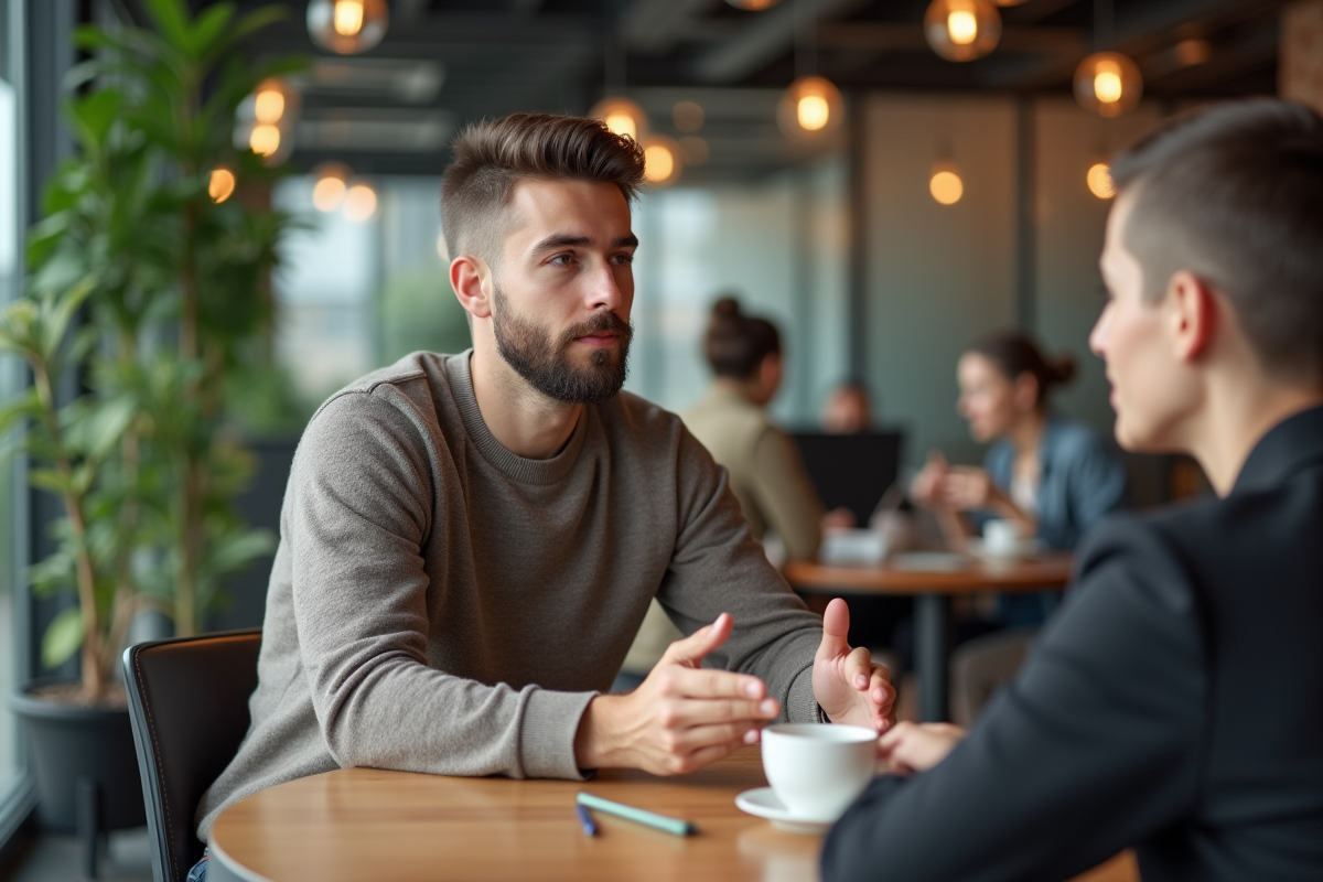 Jeune homme en conversation avec un recruteur dans un espace de coworking