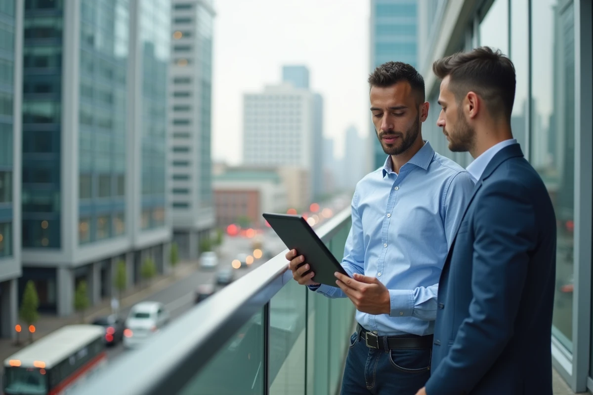 Homme en chemise bleue discutant avec un coll&egrave;gue en ville