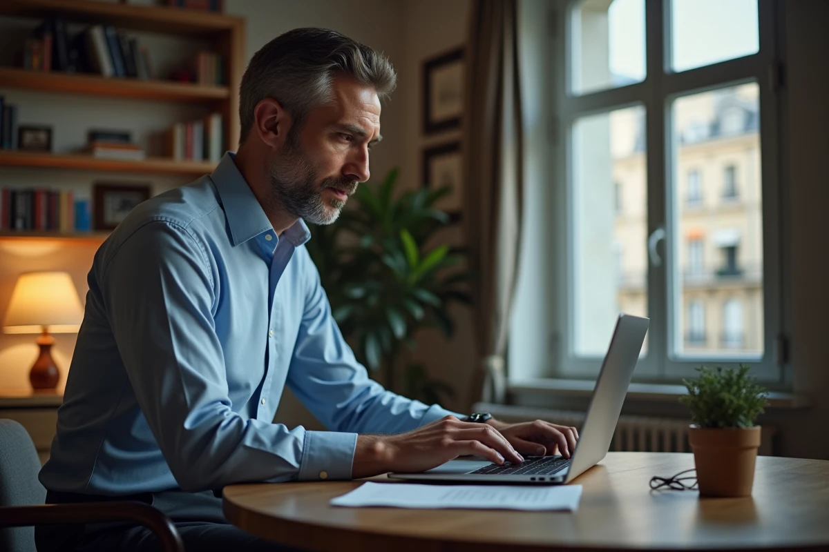 Homme &eacute;crivant une lettre sur son laptop dans son salon