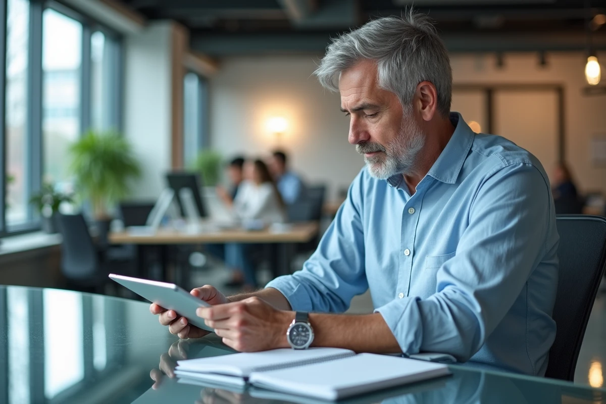 Homme comparant son agenda numérique et son planificateur papier dans un bureau en flex office