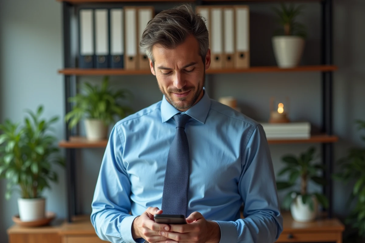 Homme en home office regardant son smartphone