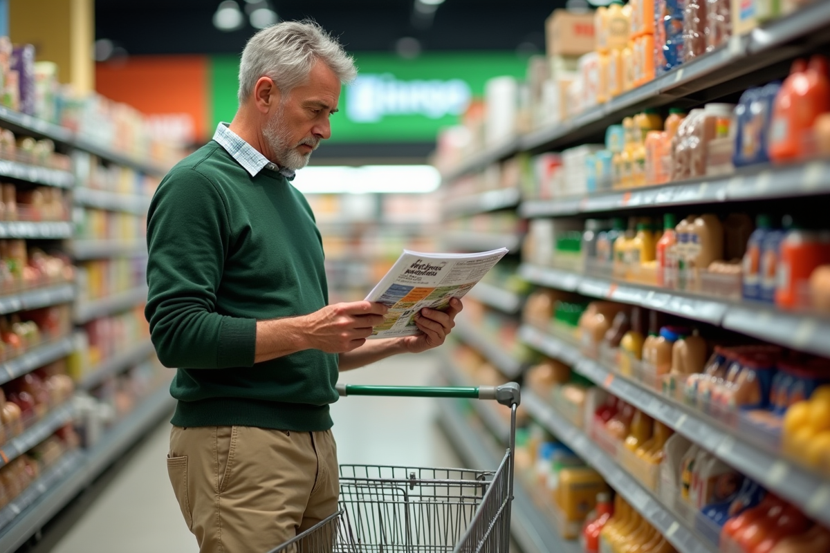 Homme lisant un flyer dans un rayon de supermarche