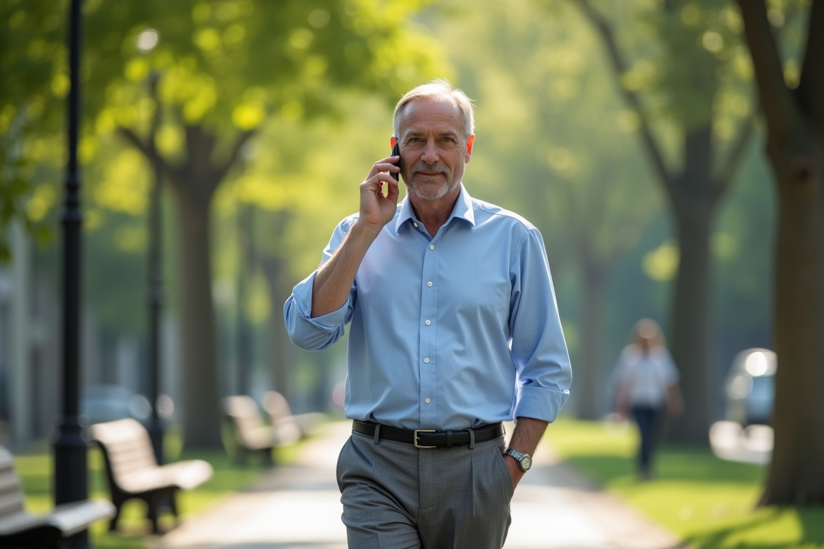 Homme en ville dans un parc parlant au téléphone
