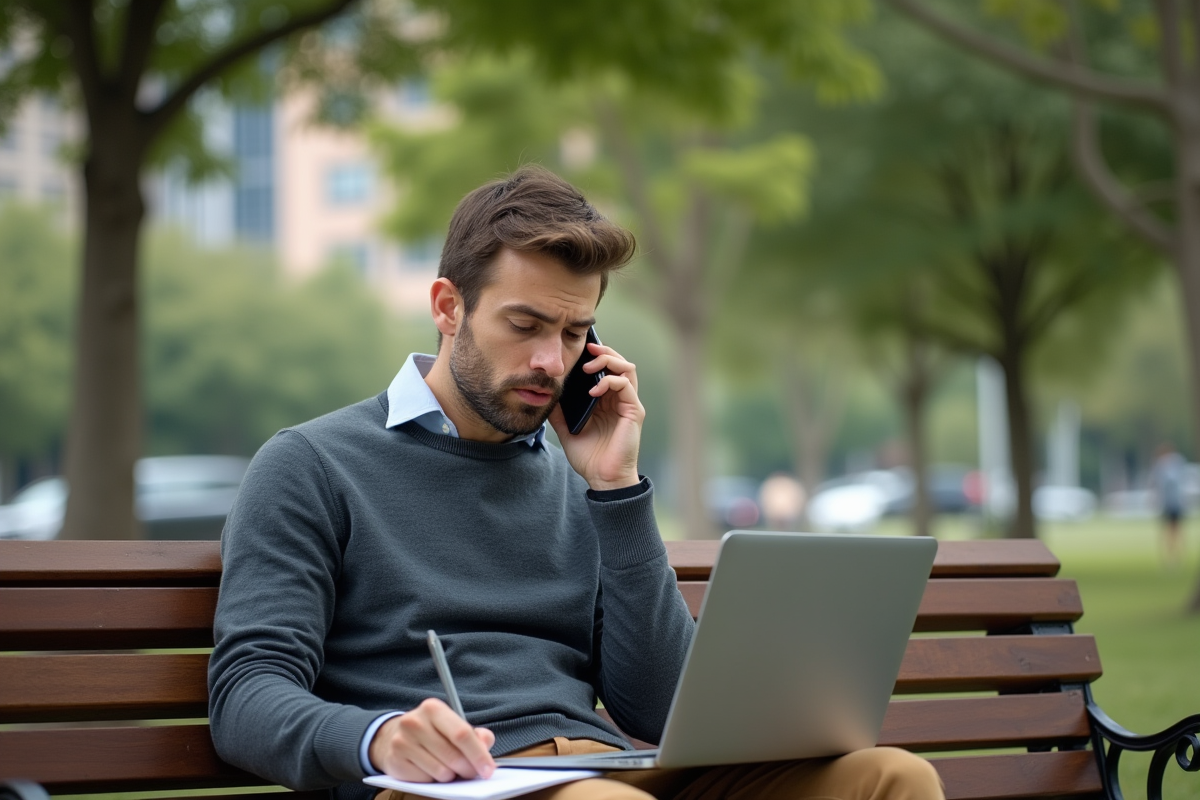Homme en sweater parlant au téléphone dans un parc