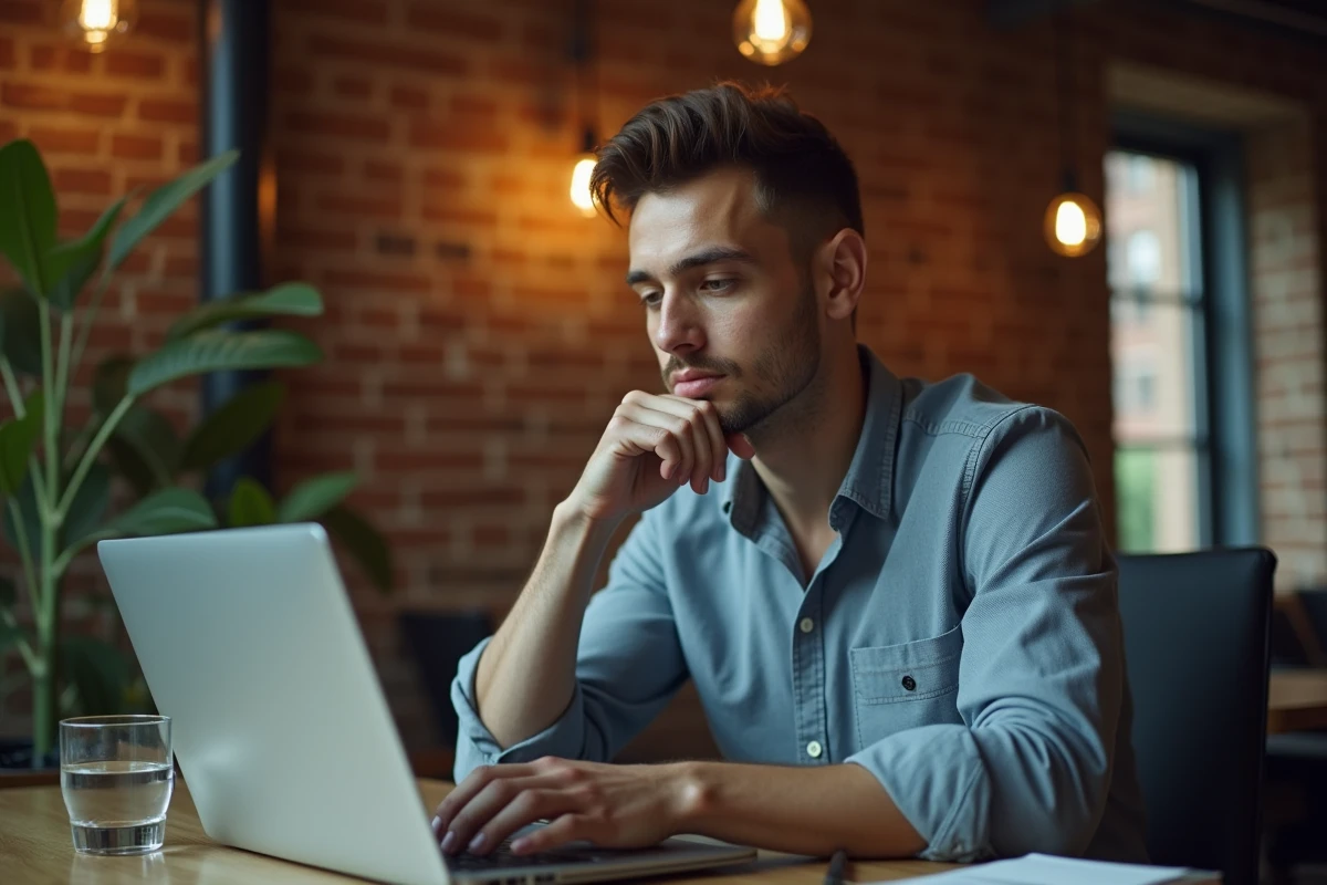 Homme concentré rédigeant un message de départ pour un collègue sur son ordinateur portable dans un espace de coworking moderne