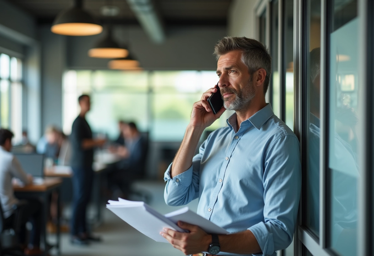 Homme pensif parlant au téléphone dans un espace de coworking