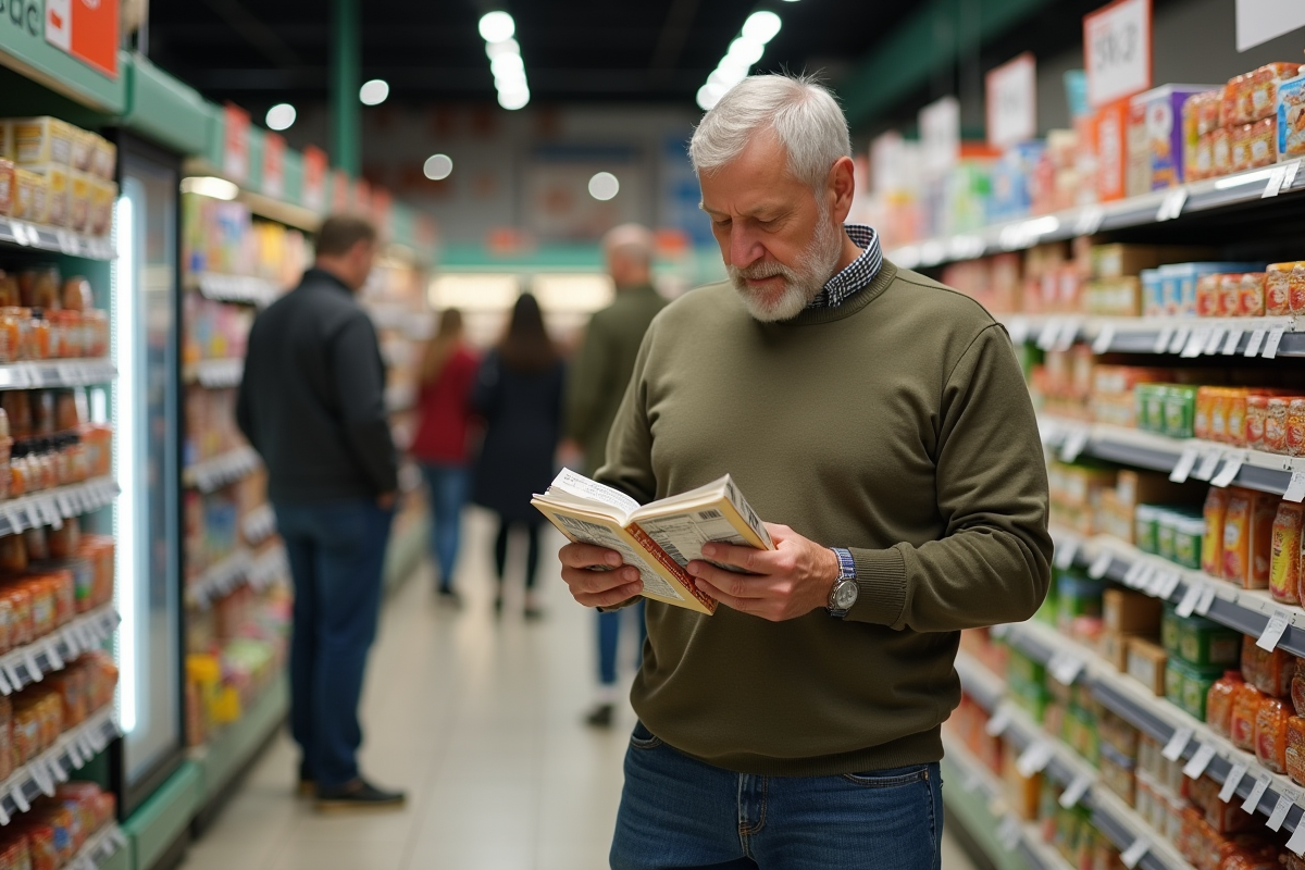 Homme inspectant des produits avec labels en supermarché