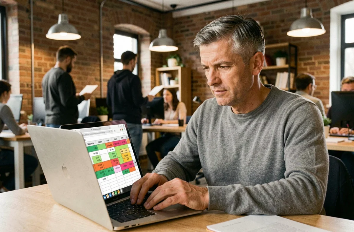 Homme utilisant un tableur Excel avec formules automatisées pour calculer les heures de travail en open space