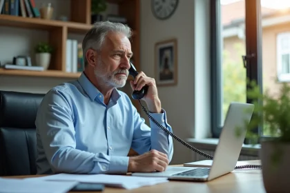 Homme d'&acirc;ge moyen au bureau avec t&eacute;l&eacute;phone classique