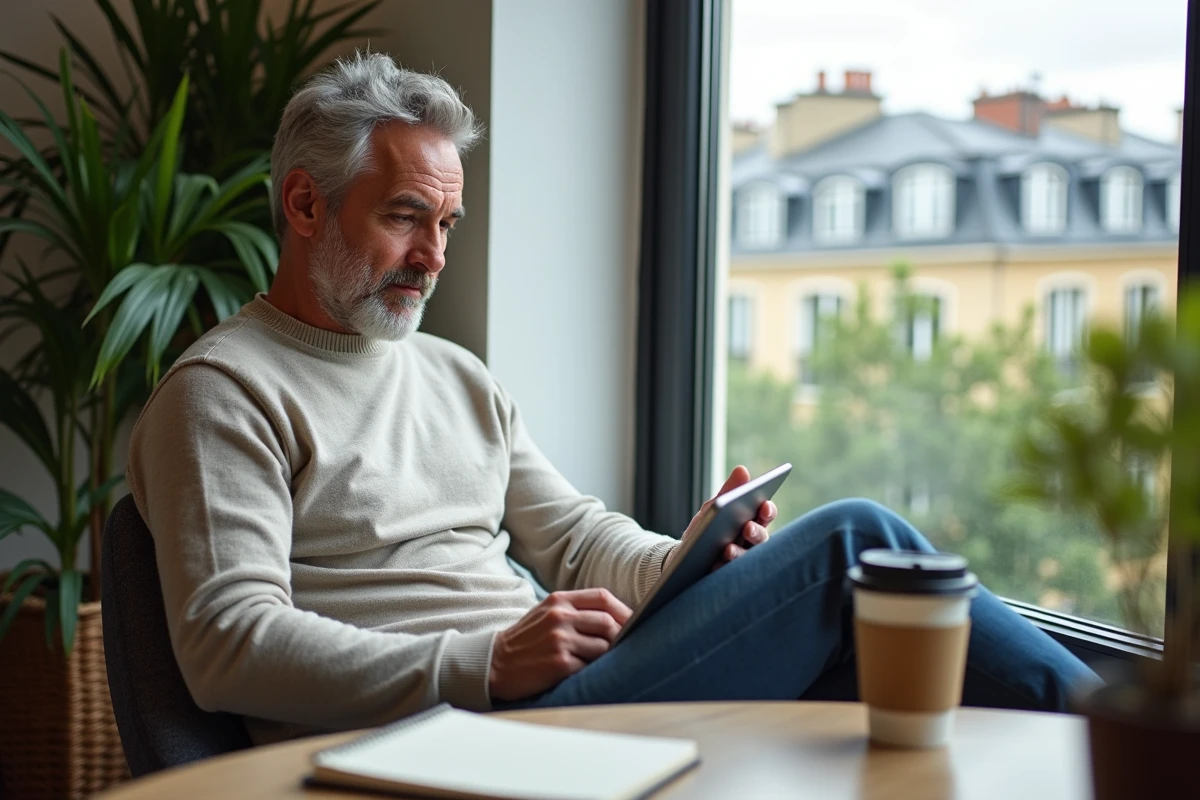 Homme en visioconference dans un espace de coworking parisien
