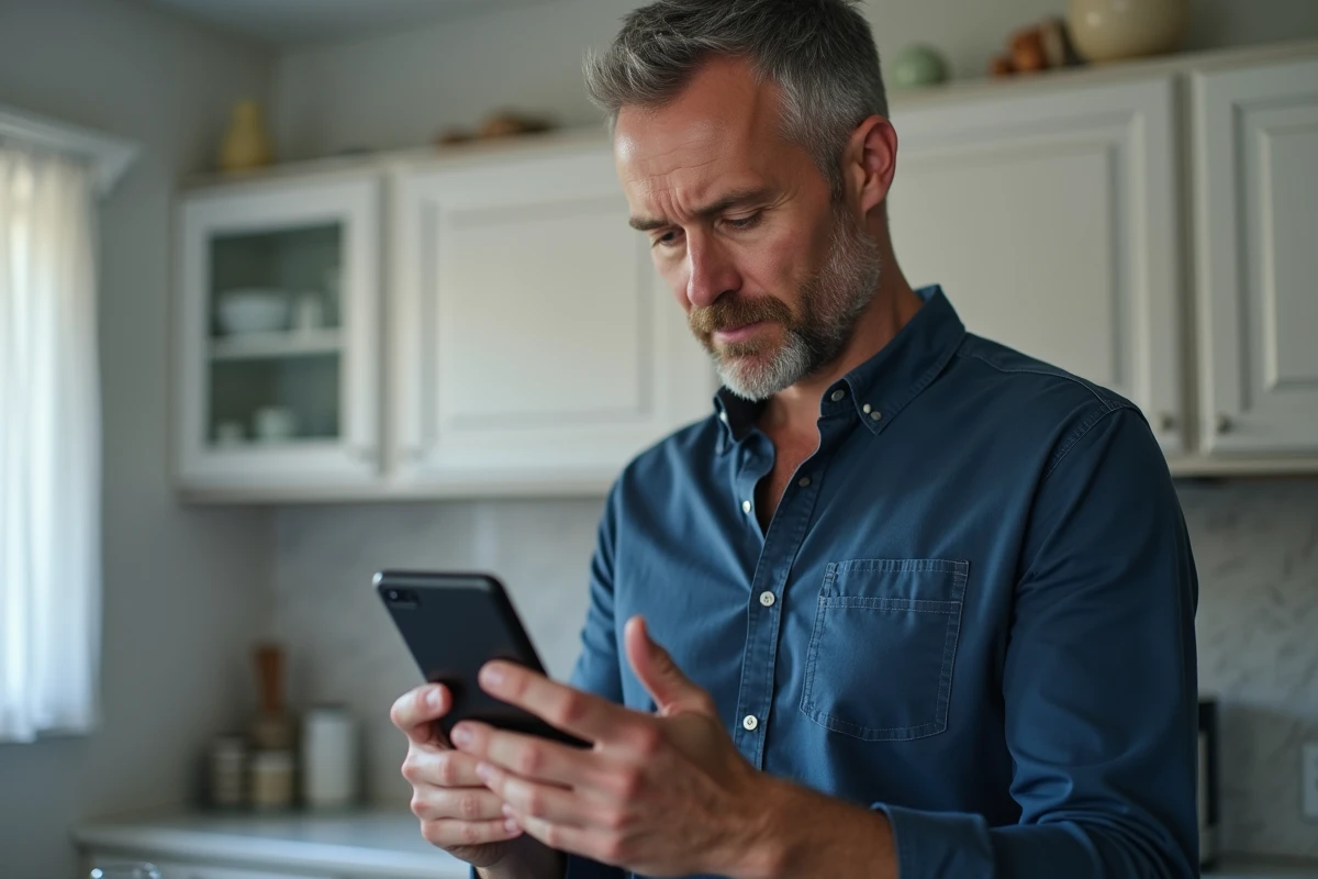 Homme vérifiant une confirmation de paiement en ligne sur smartphone dans une cuisine moderne