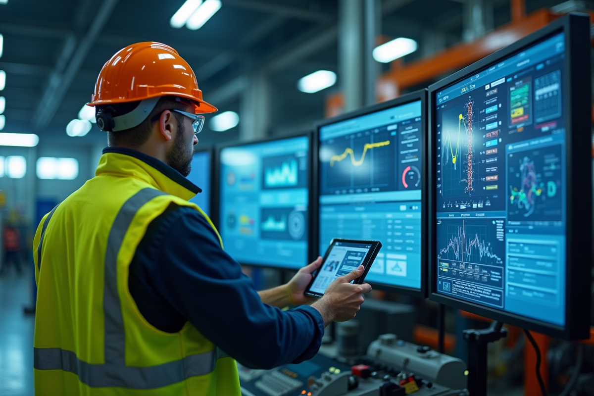 Ingénieur industriel avec casque et gilet haute visibilité programme un panneau de contrôle