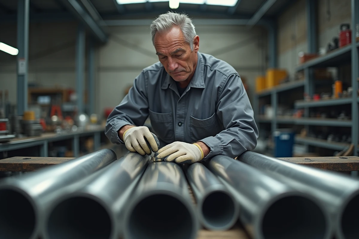 Ouvrier industriel inspectant des tubes en inox de différents diamètres sur un établi d'atelier métallique