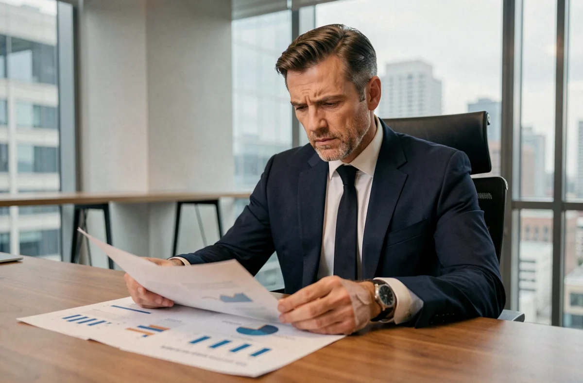 Homme d'affaires analysant des documents financiers avec un regard sceptique dans un bureau moderne