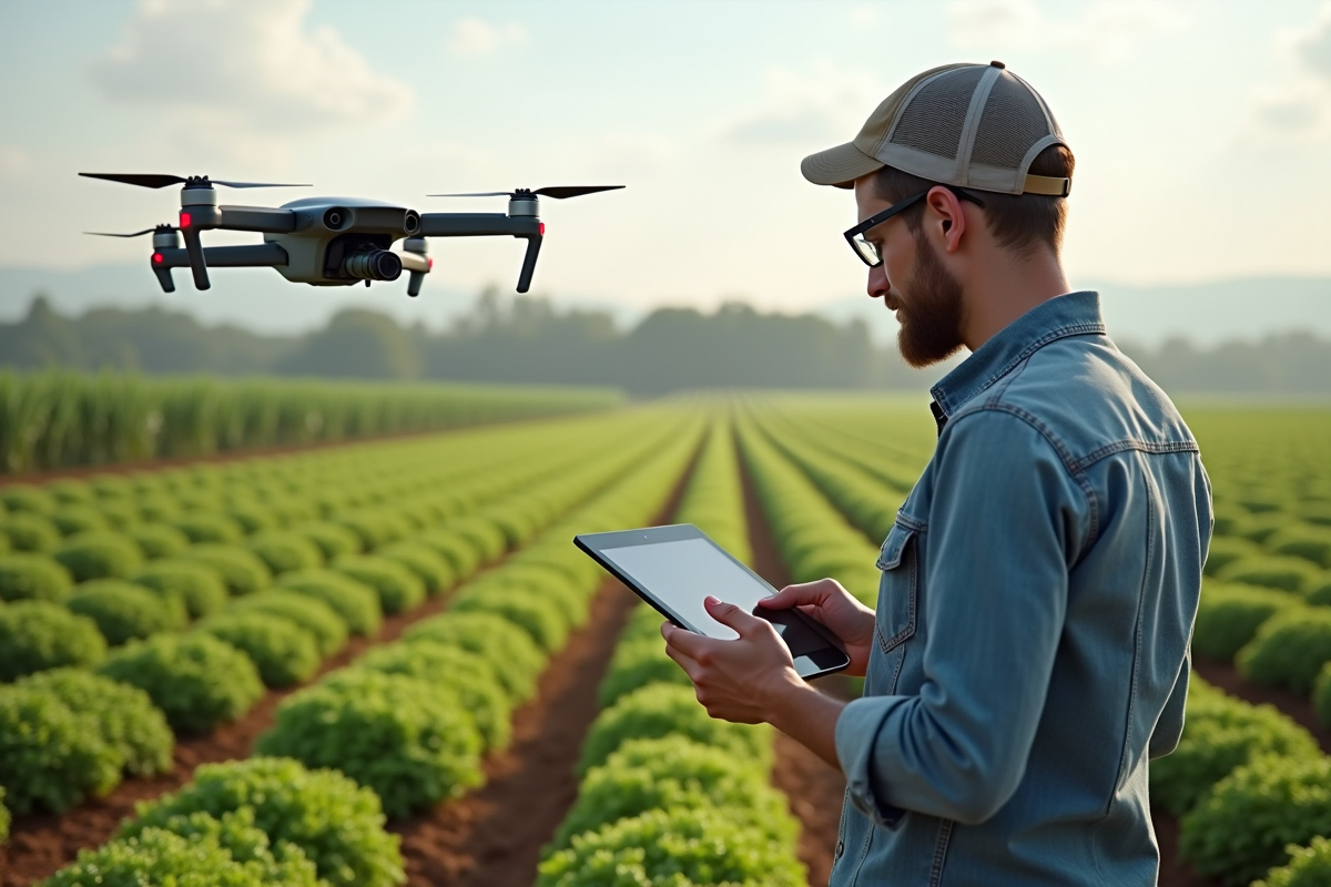Jeune ingénieur agricole utilisant une tablette avec drones au-dessus