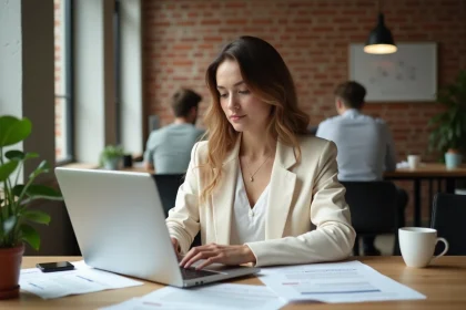 Jeune femme entrepreneur de moins de 26 ans consultant des documents pour la création d'entreprise dans un espace de coworking moderne