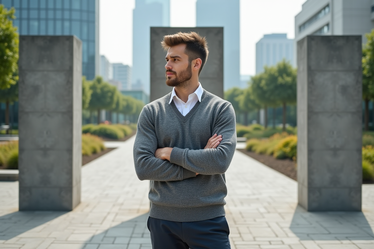 Jeune entrepreneur devant piliers en pierre dans un espace extérieur