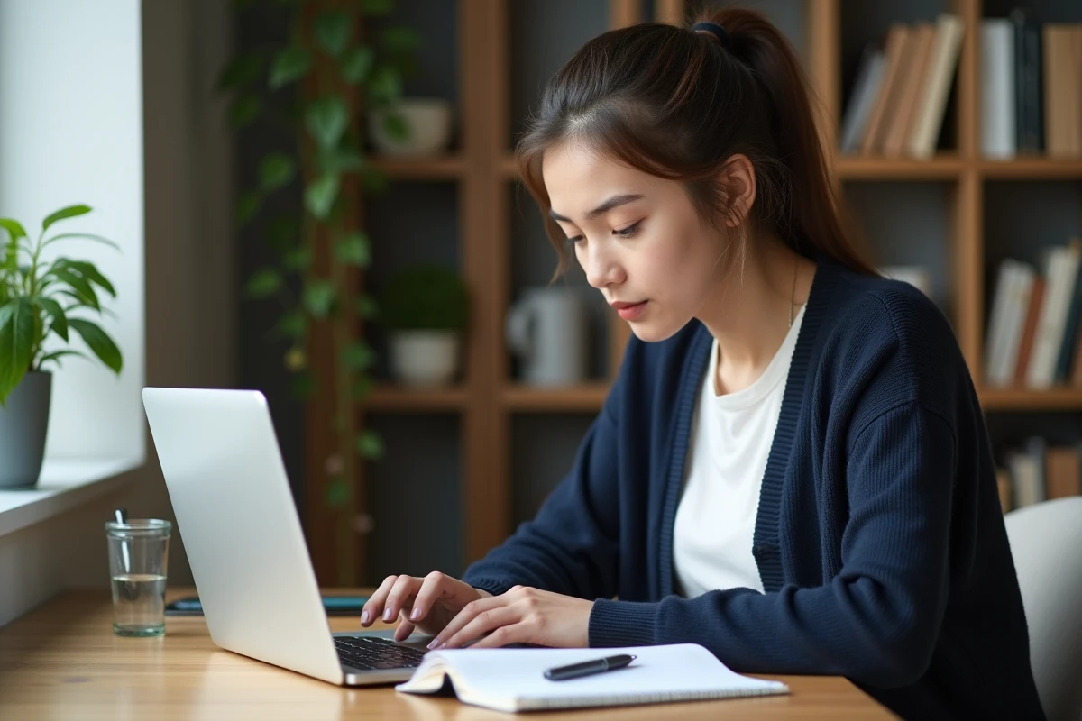 Étudiante concentrée sur son ordinateur dans un intérieur cosy