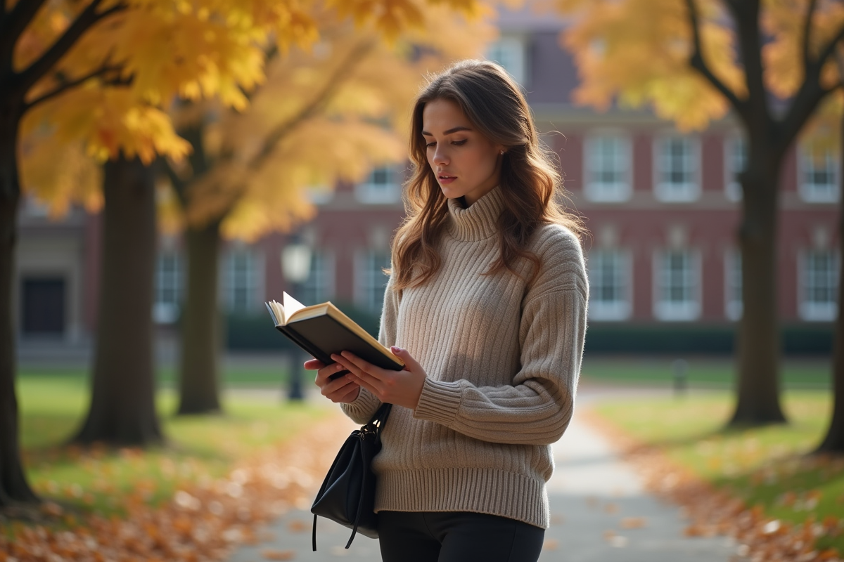 Jeune femme en extérieur sur un campus en automne avec un carnet