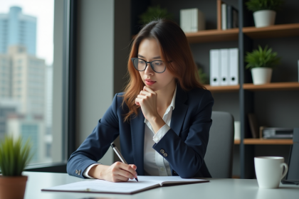 Jeune femme professionnelle concentrée à écrire ses objectifs