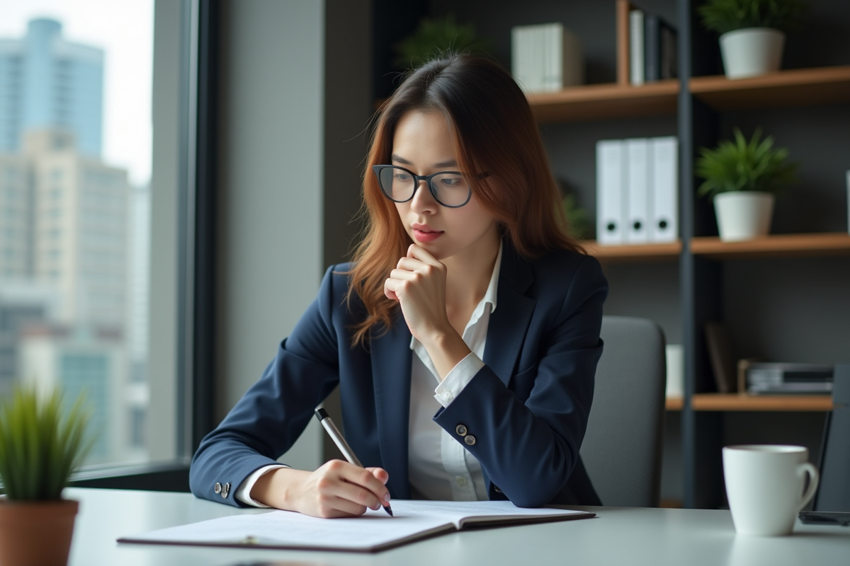 Jeune femme professionnelle concentrée à écrire ses objectifs