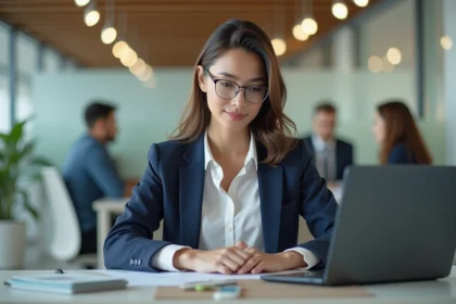 Jeune femme professionnelle au bureau avec ordinateur portable