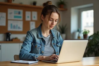 Jeune femme concentrée sur son ordinateur dans un intérieur moderne