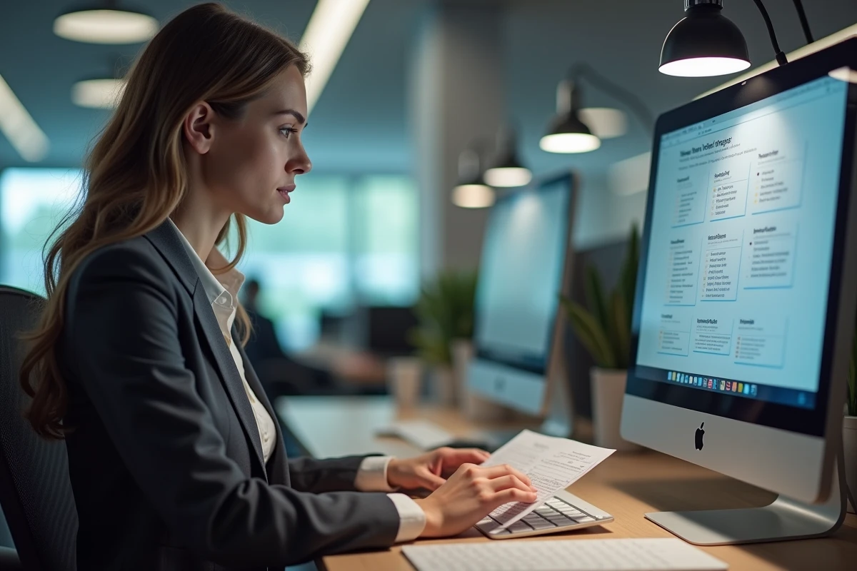 Jeune femme organisant des papiers dans un bureau de loterie moderne