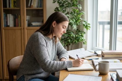Jeune femme concentrée à son bureau dans un appartement moderne