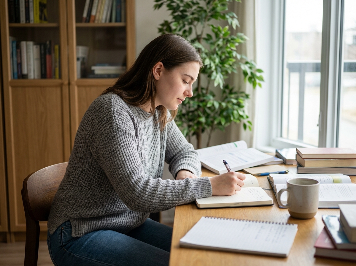 Jeune femme concentrée à son bureau dans un appartement moderne