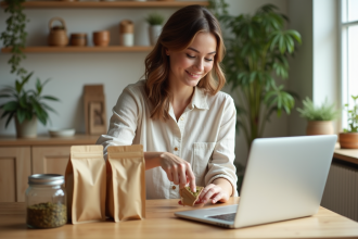 Jeune femme emballant du thé bio dans un bureau lumineux