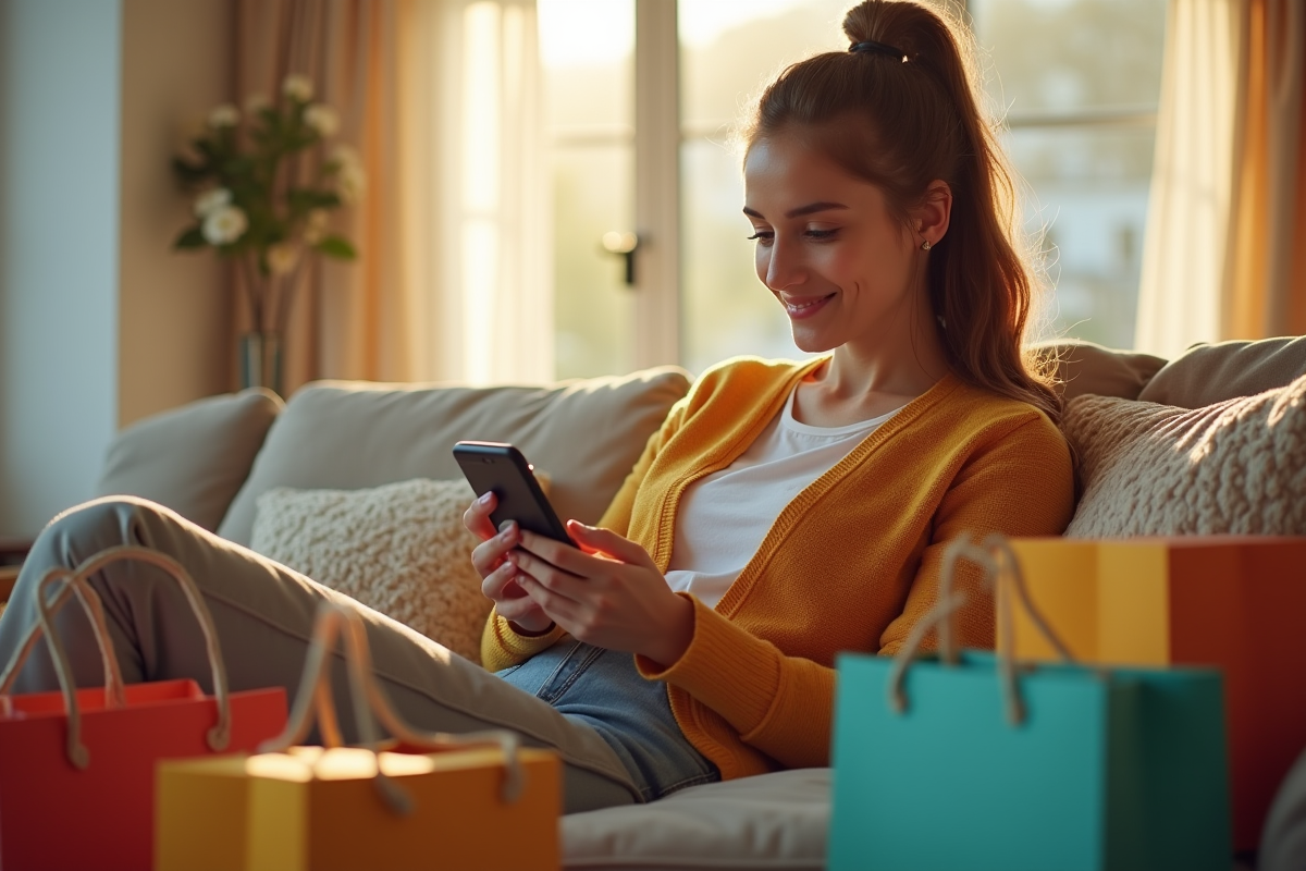 Jeune femme faisant du shopping en ligne à la maison