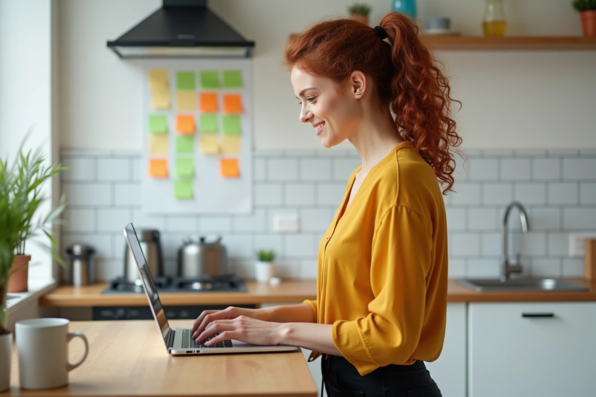 Jeune femme en télétravail depuis sa cuisine, organisant ses jours de travail sur un planning mural