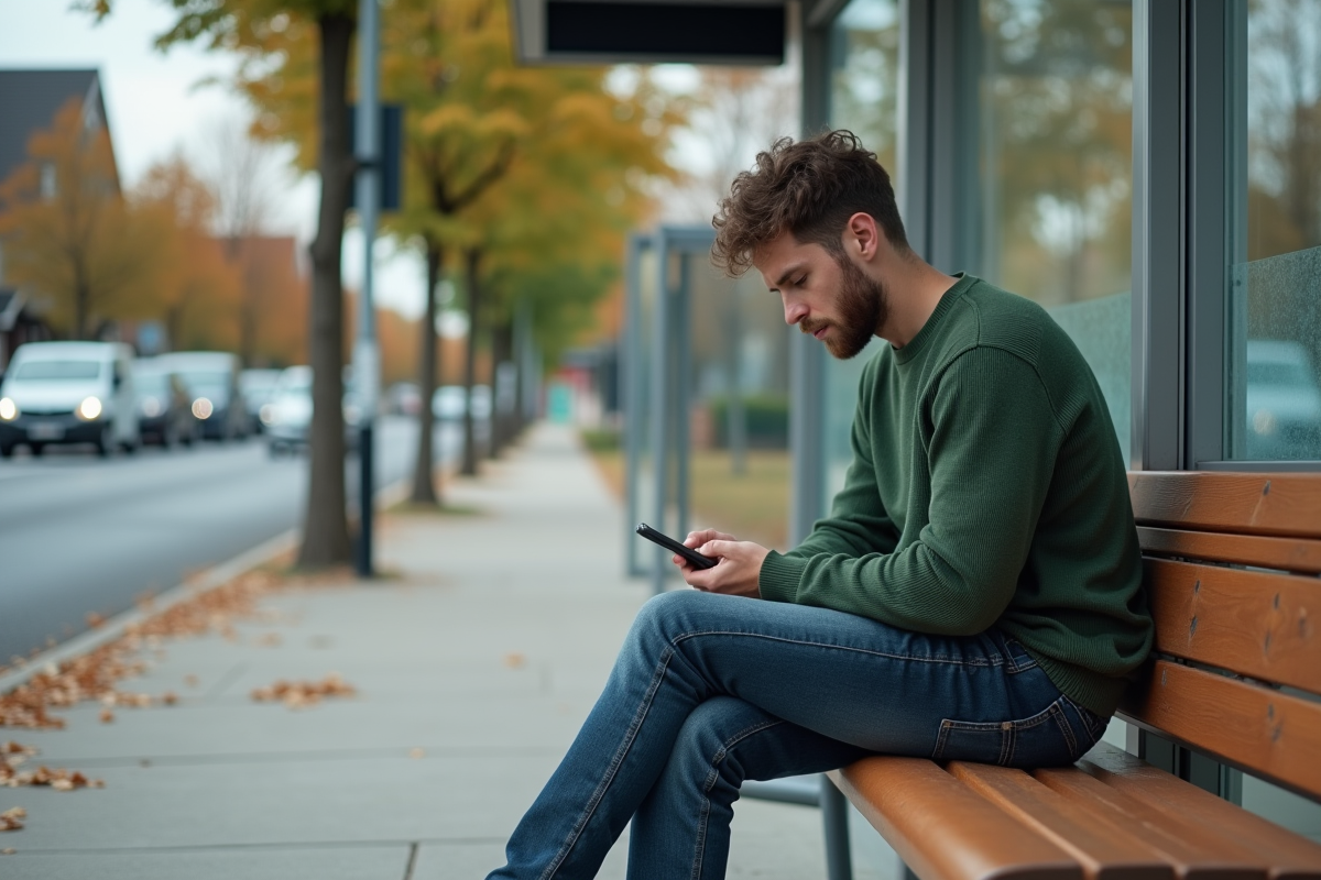 Jeune homme assis au arrêt de bus avec téléphone