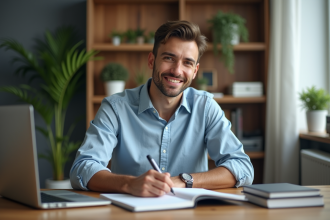 Jeune homme en bureau moderne prenant des notes