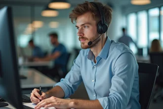 Jeune homme au bureau en train de prendre des notes