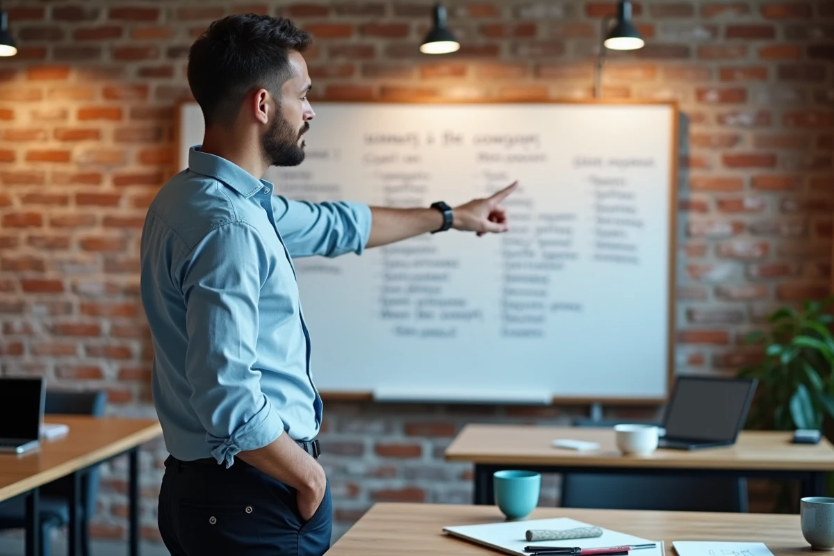 Jeune homme en casual devant tableau blanc en coworking