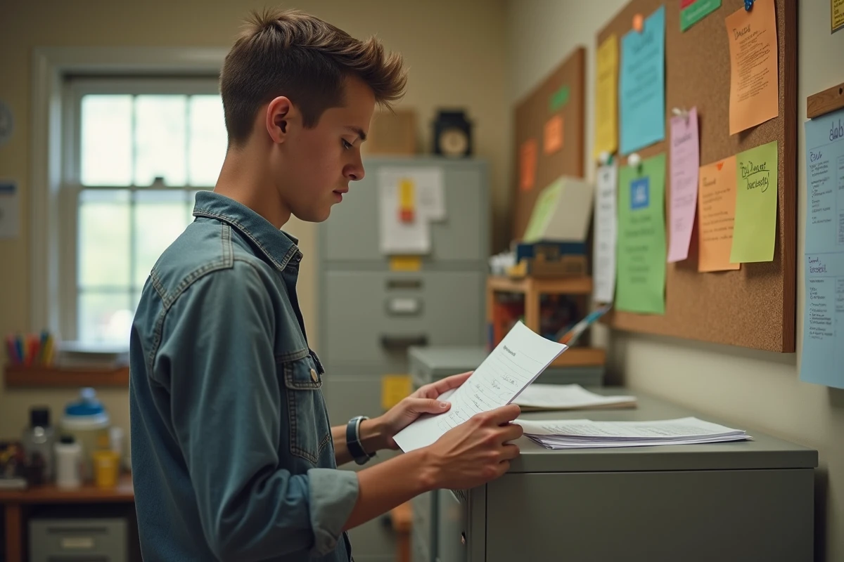 Jeune homme classant des documents dans un bureau associatif