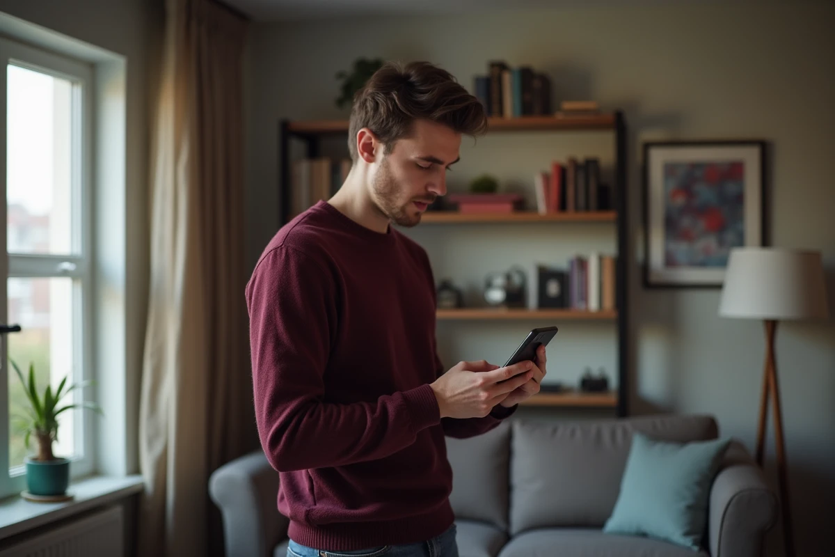 Jeune homme surpris avec smartphone à la maison
