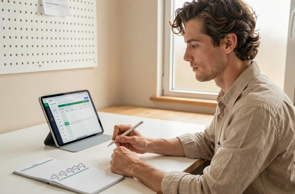 Jeune homme saisissant ses heures de travail dans un tableau sur tablette dans un espace de coworking