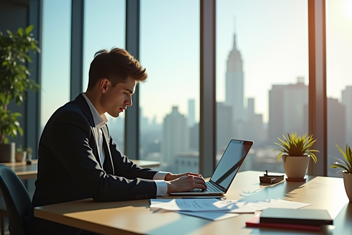 Jeune professionnel travaillant sur un ordinateur dans un bureau lumineux