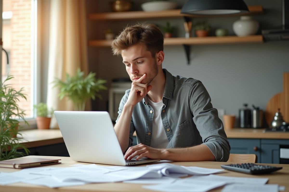 Jeune professionnel étudiant ses factures à la maison