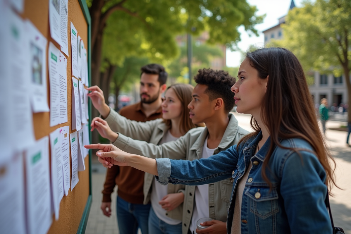 Jeunes discutant près d’un tableau d’affiches dans la ville