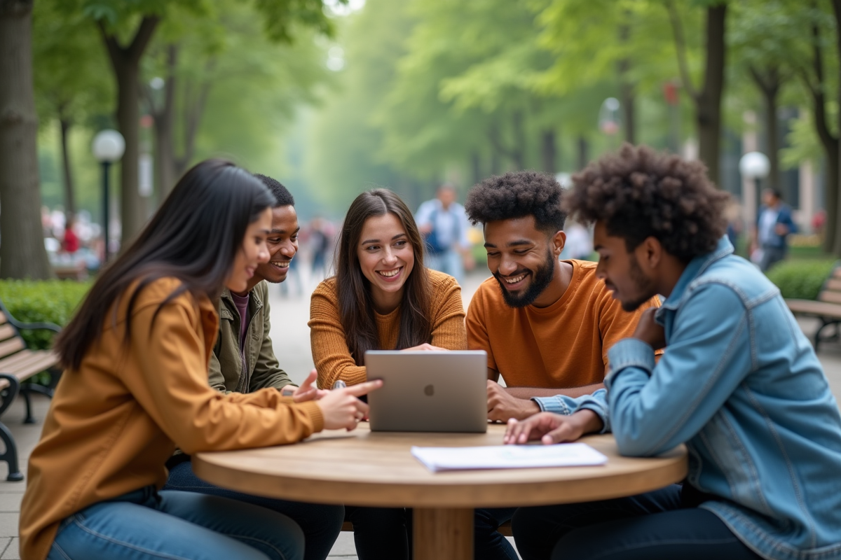 Jeunes adultes collaborant dans un parc urbain