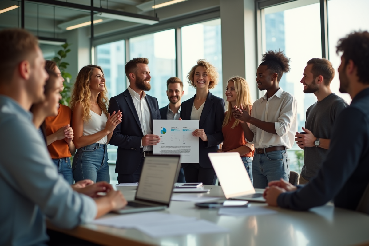 Groupe de jeunes entrepreneurs célébrant avec certificat