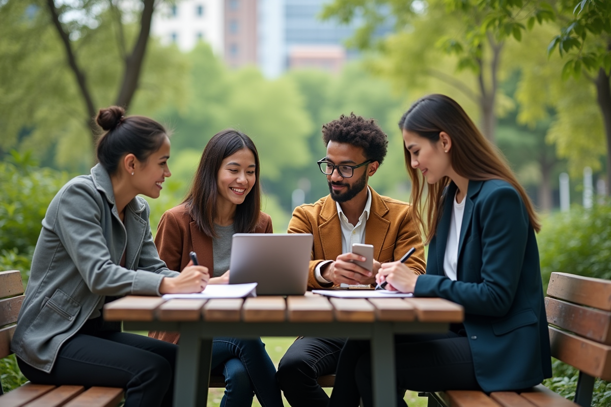 Jeunes professionnels discutant en plein air dans un parc