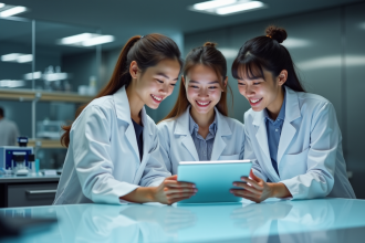 Groupe de jeunes scientifiques dans un laboratoire moderne