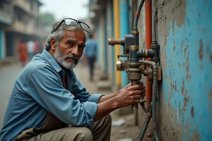 Ing&eacute;nieur r&eacute;parant un syst&egrave;me d'eau improvis&eacute; avec des mat&eacute;riaux recycl&eacute;s dans un quartier urbain, illustrant l'innovation frugale Jugaad